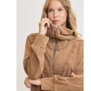 BROWN Half Zip Mineral Washed Half Zip Up Top